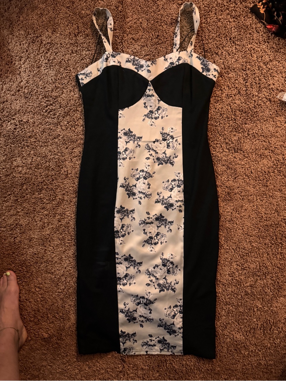 Black and White Floral Panel Bodycon Dress